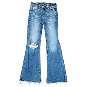 American Eagle Size 2 Super High Rise Flare Blue Jeans Distressed Stretch